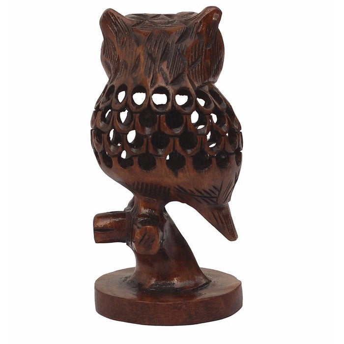 Handmade Cutout Patterned Owl Statue In Wood Featuring Enchanting Work By Benzara