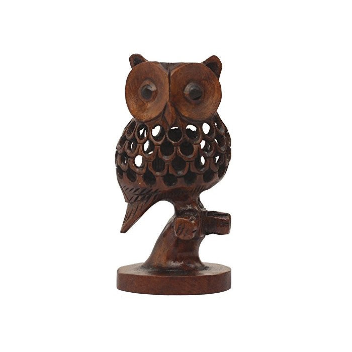 Handmade Cutout Patterned Owl Statue In Wood Featuring Enchanting Work By Benzara