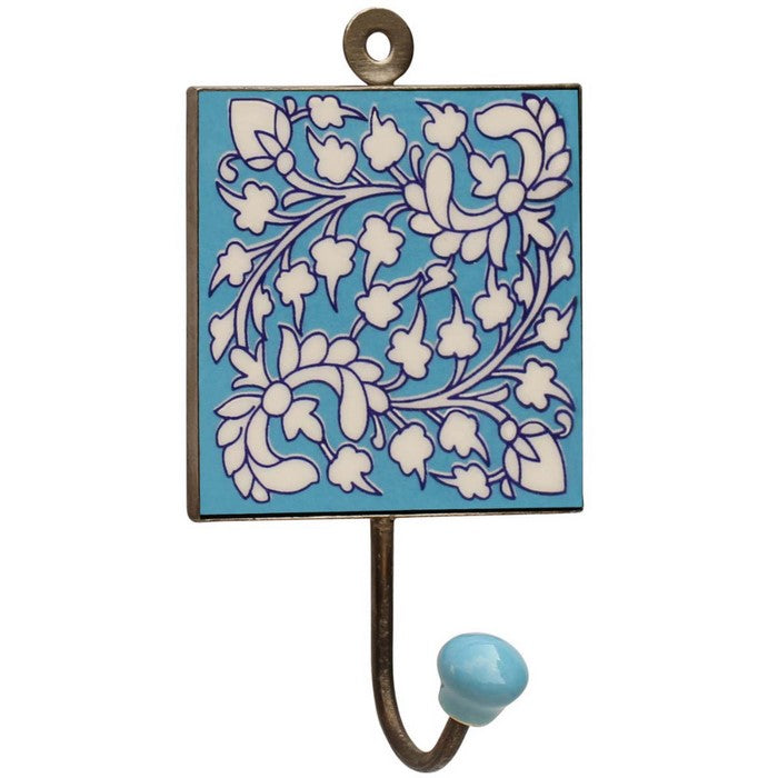 Handmade Mountable Ceramic Wall Hook With Floral Pattern In Blue Base By Benzara