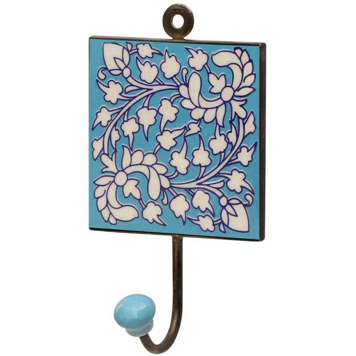 Handmade Mountable Ceramic Wall Hook With Floral Pattern In Blue Base By Benzara