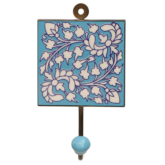 Handmade Mountable Ceramic Wall Hook With Floral Pattern In Blue Base By Benzara