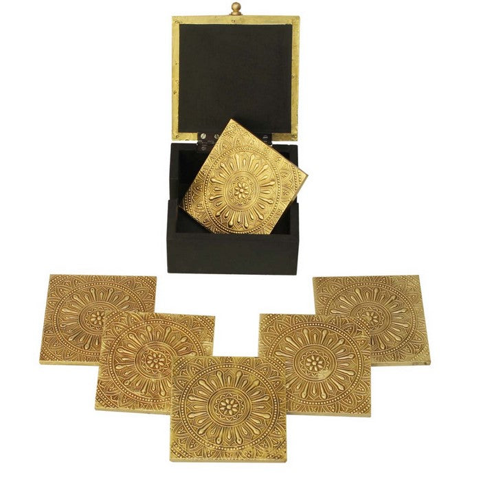 Benzara Handmade Set Of 6Decorative Square Coasters With Holder