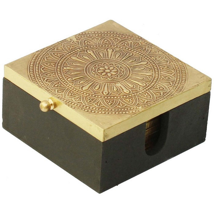 Benzara Handmade Set Of 6Decorative Square Coasters With Holder