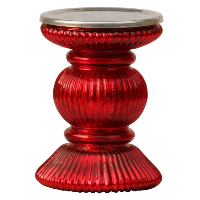 Benzara Handmade Glass Pillar Candle Holder With Ribbed Design, Red