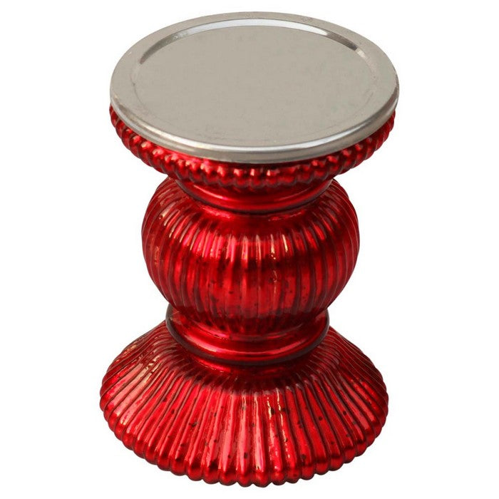 Benzara Handmade Glass Pillar Candle Holder With Ribbed Design, Red