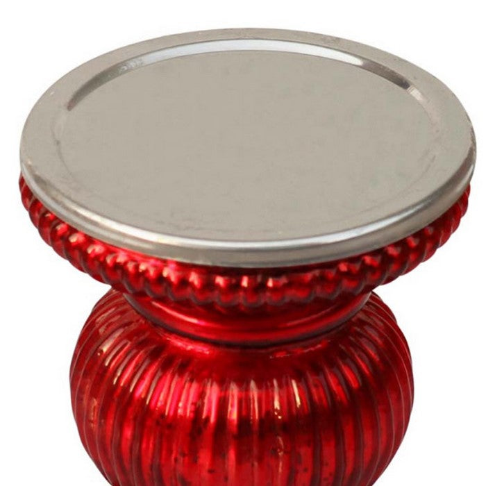 Benzara Handmade Glass Pillar Candle Holder With Ribbed Design, Red
