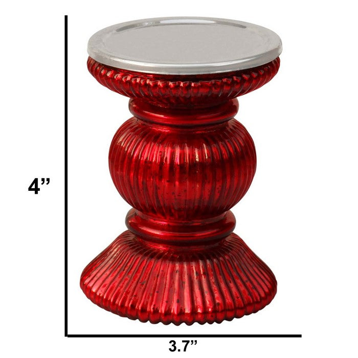 Benzara Handmade Glass Pillar Candle Holder With Ribbed Design, Red