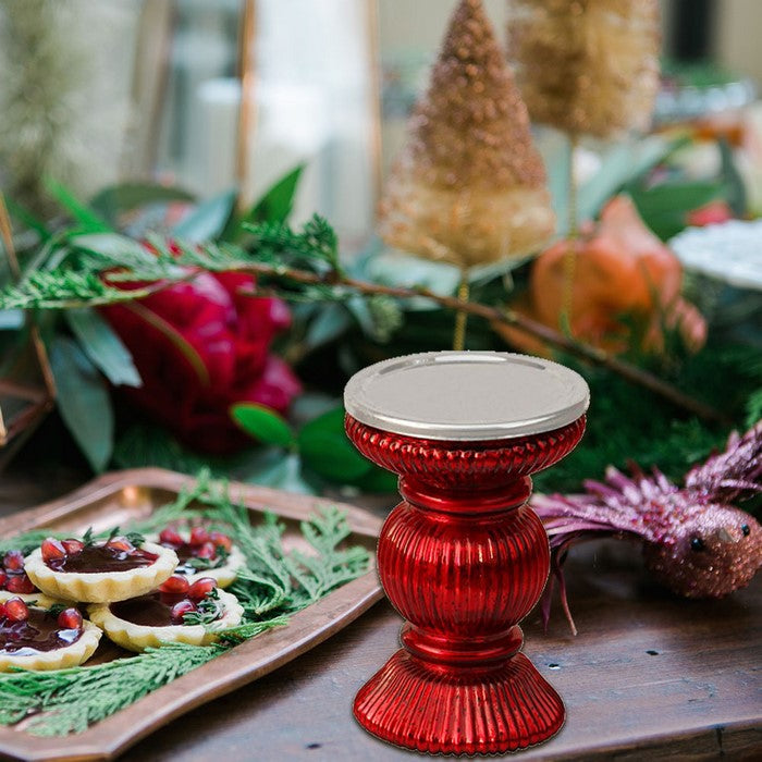 Benzara Handmade Glass Pillar Candle Holder With Ribbed Design, Red