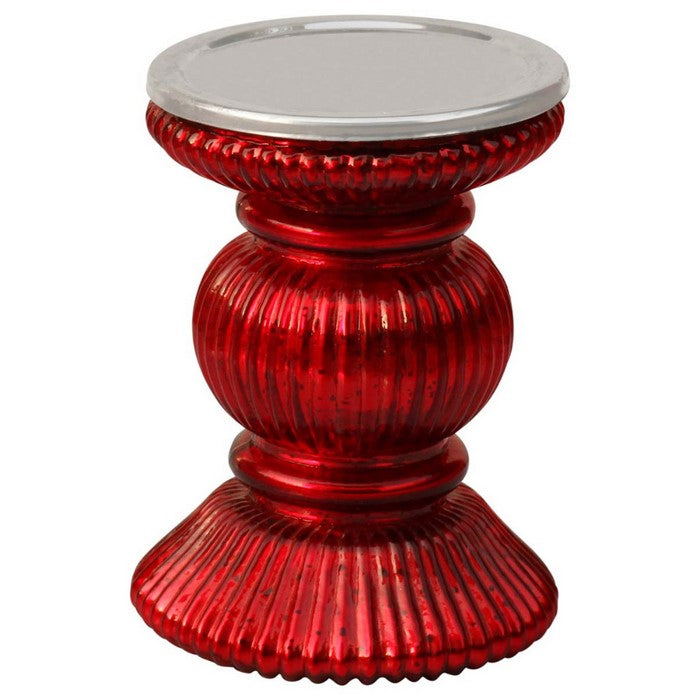 Benzara Handmade Glass Pillar Candle Holder With Ribbed Design, Red