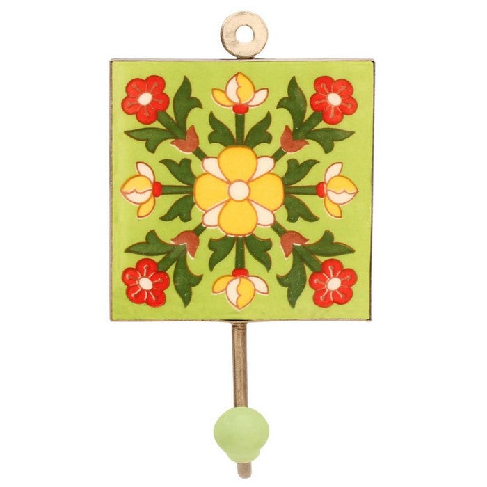 Handmade Ceramic Wall Hook With Bright Flowers Design on Green Base By Benzara