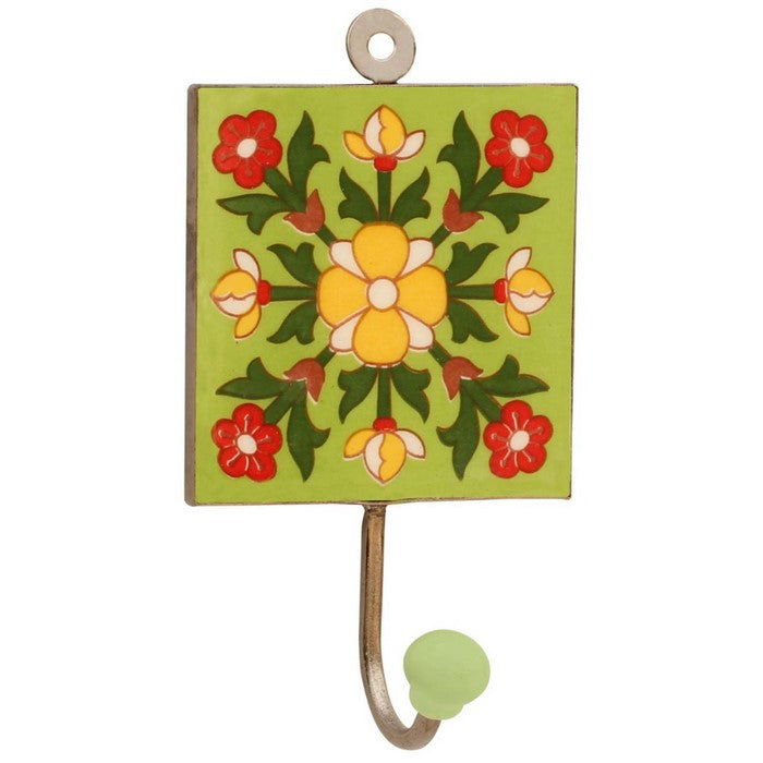 Handmade Ceramic Wall Hook With Bright Flowers Design on Green Base By Benzara