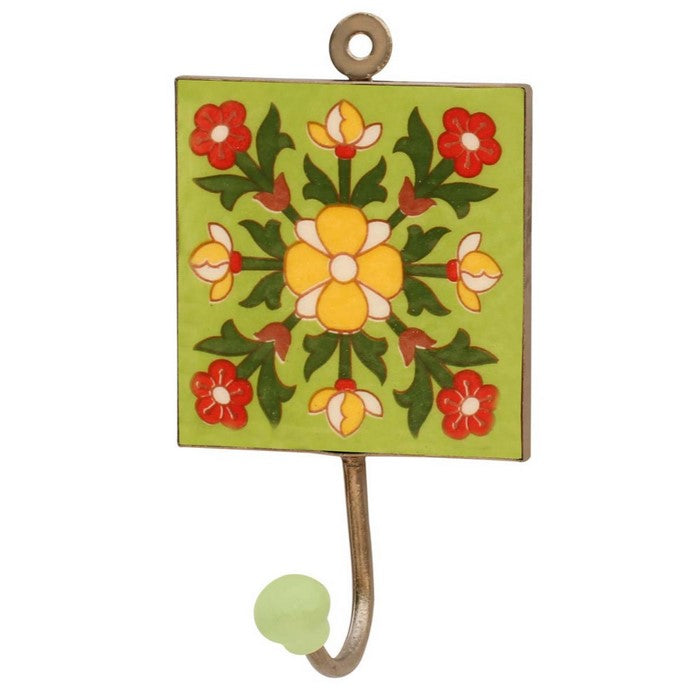 Handmade Ceramic Wall Hook With Bright Flowers Design on Green Base By Benzara