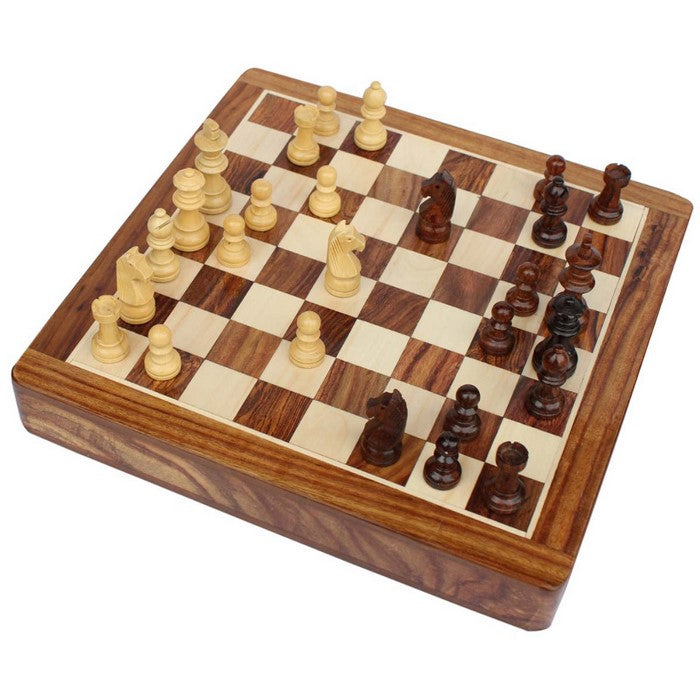 Benzara Wooden Chess Set With Felted Storage, Brown And Beige