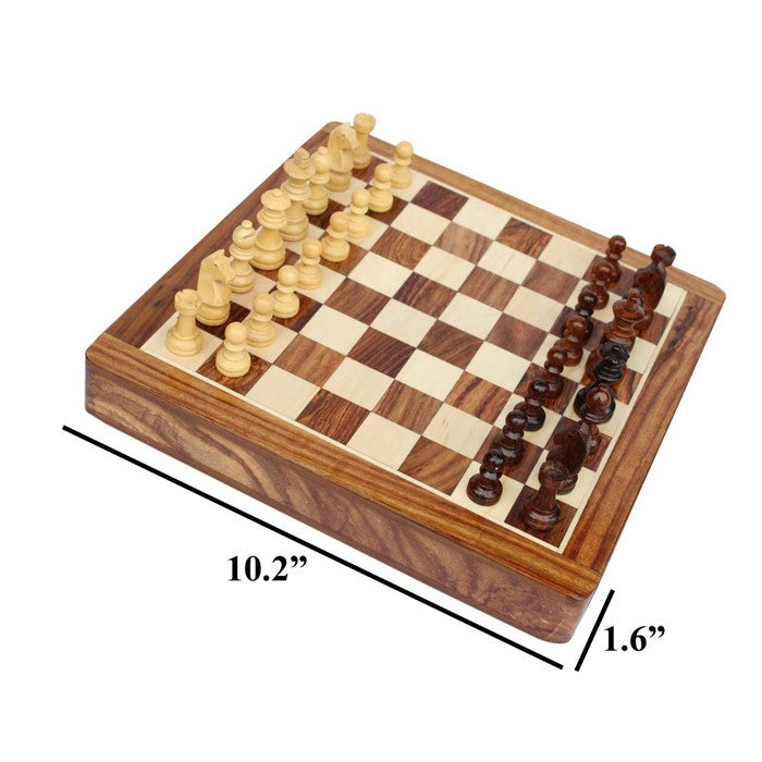 Benzara Wooden Chess Set With Felted Storage, Brown And Beige