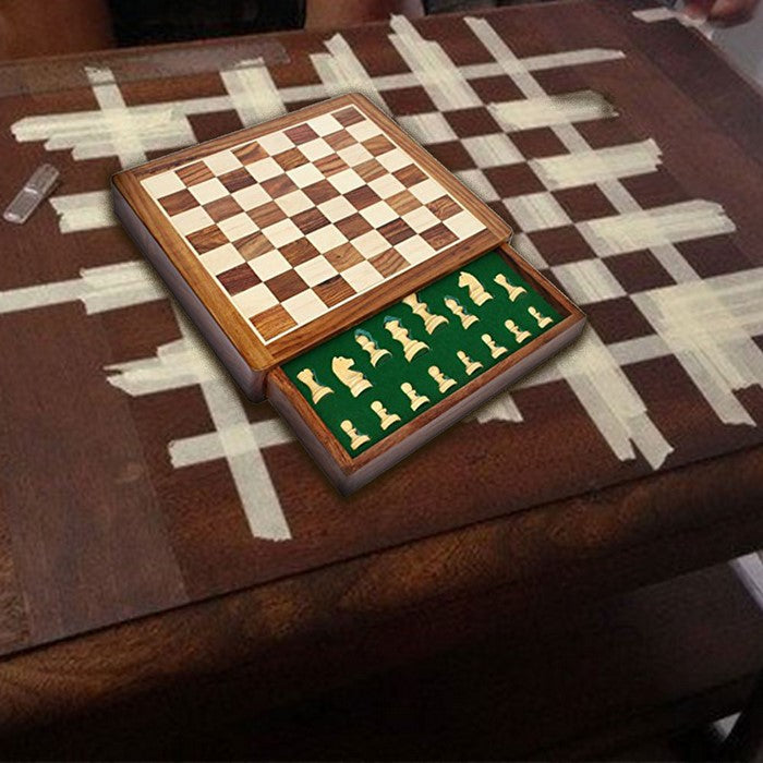 Benzara Wooden Chess Set With Felted Storage, Brown And Beige