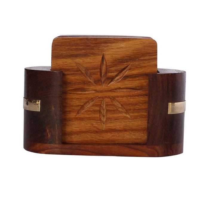 Hand Carved Stylish Pack Of 6 Coasters And Holder In Mango Wood Benzara Brand