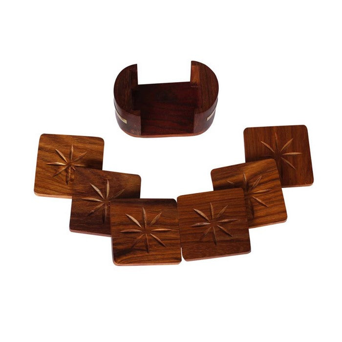 Hand Carved Stylish Pack Of 6 Coasters And Holder In Mango Wood Benzara Brand