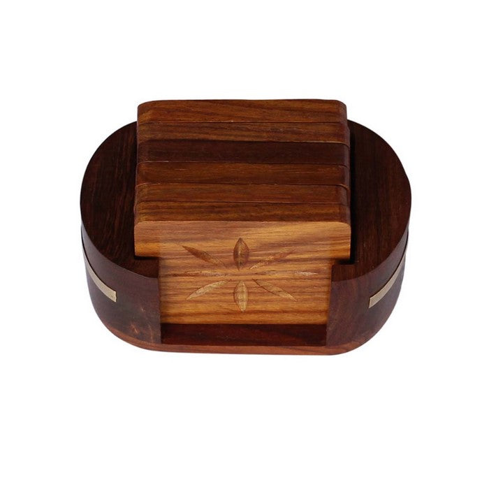 Hand Carved Stylish Pack Of 6 Coasters And Holder In Mango Wood Benzara Brand