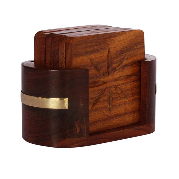 Hand Carved Stylish Pack Of 6 Coasters And Holder In Mango Wood Benzara Brand