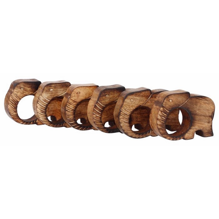 Set Of 6 Handmade Elephant Shaped Napkin Rings In Wood Benzara Brand