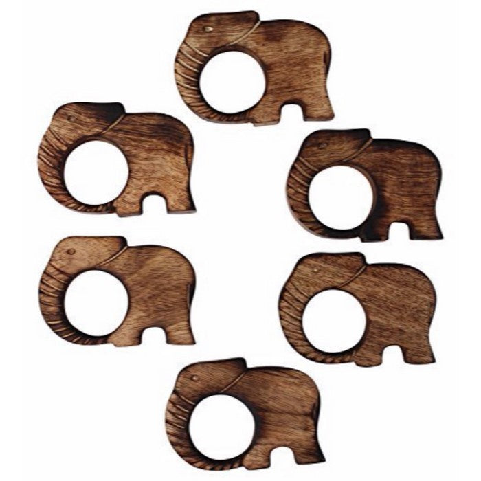 Set Of 6 Handmade Elephant Shaped Napkin Rings In Wood Benzara Brand