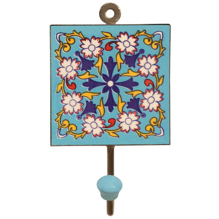 Ceramic Wall Hook Hand Painted Floral Motifs On Blue Base By Benzara
