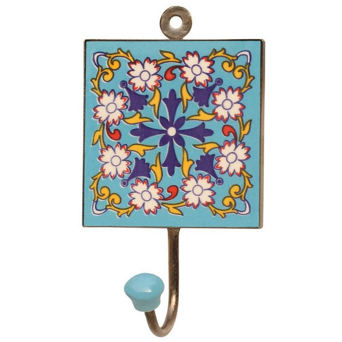 Ceramic Wall Hook Hand Painted Floral Motifs On Blue Base By Benzara