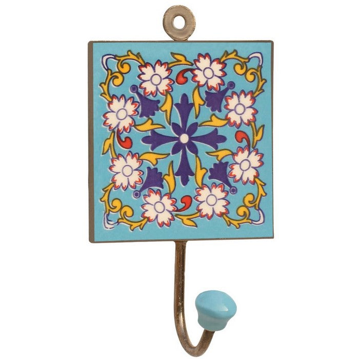 Ceramic Wall Hook Hand Painted Floral Motifs On Blue Base By Benzara