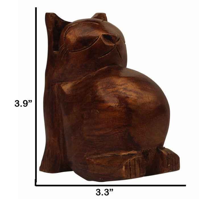 Benzara Handmade Eyeglass Wooden Stand In Fat Cat Shape, Brown