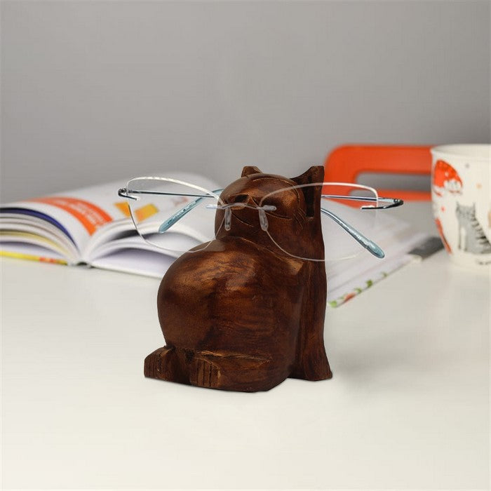 Benzara Handmade Eyeglass Wooden Stand In Fat Cat Shape, Brown