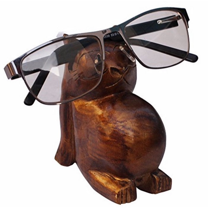 Benzara Handmade Eyeglass Wooden Stand In Fat Cat Shape, Brown