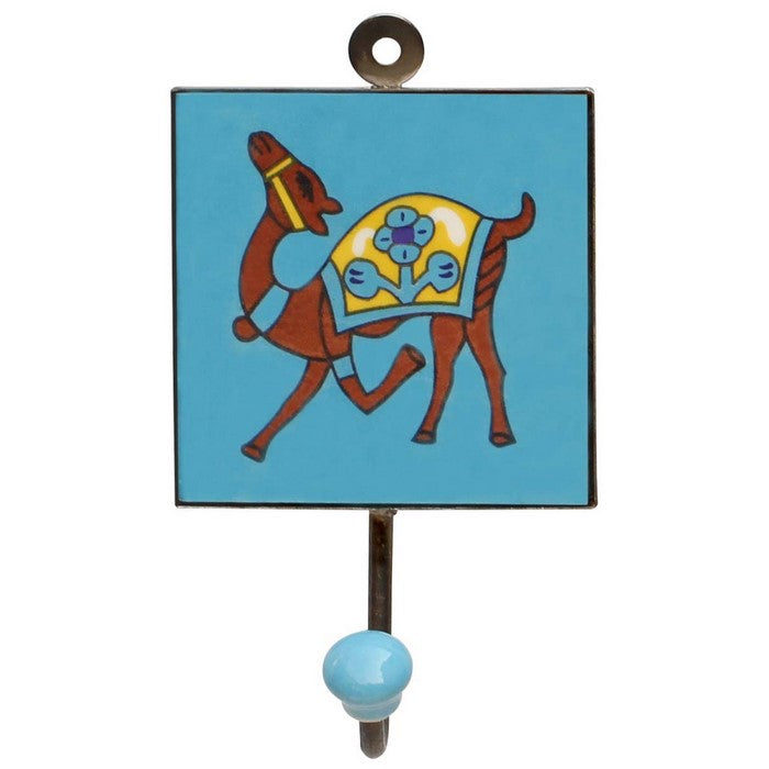Ceramic Single Wall Hook Handmade With Camel Painting on Blue Base Benzara Brand
