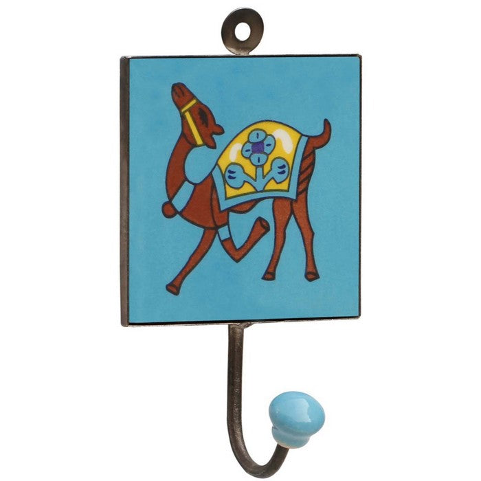 Ceramic Single Wall Hook Handmade With Camel Painting on Blue Base Benzara Brand