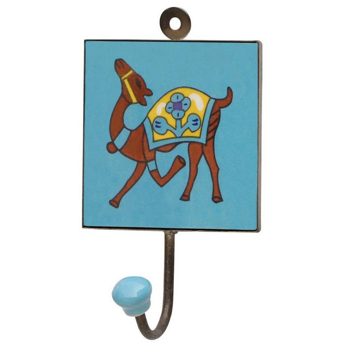 Ceramic Single Wall Hook Handmade With Camel Painting on Blue Base Benzara Brand