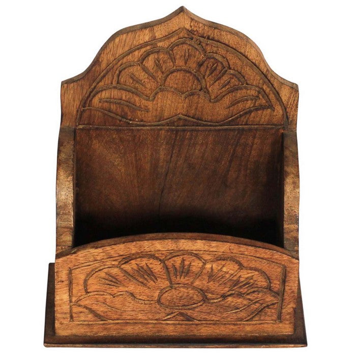 Handmade Traditional Style Mango Wood Letter Holder With Floral Carving Benzara Brand