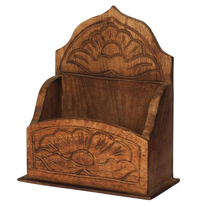 Handmade Traditional Style Mango Wood Letter Holder With Floral Carving Benzara Brand