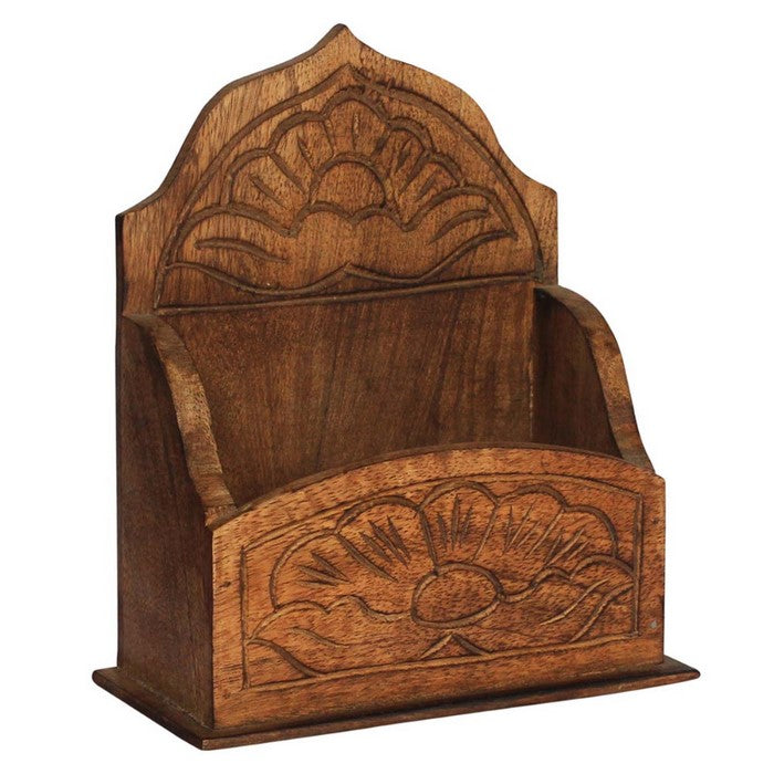 Handmade Traditional Style Mango Wood Letter Holder With Floral Carving Benzara Brand