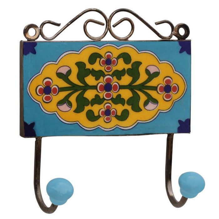 Handmade Double Wall-Hook In Ceramic With Flowers on Blue Base By Benzara