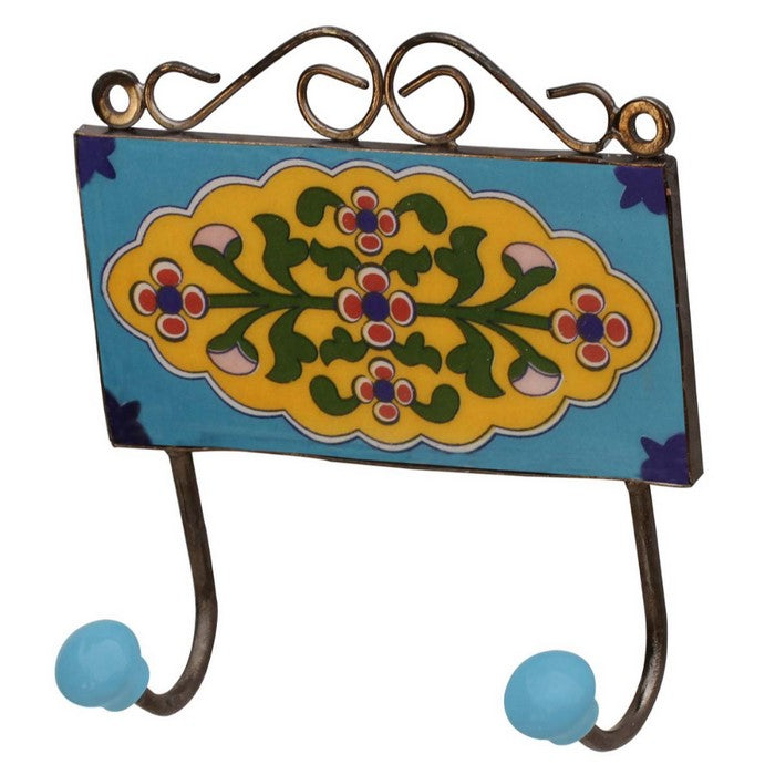 Handmade Double Wall-Hook In Ceramic With Flowers on Blue Base By Benzara