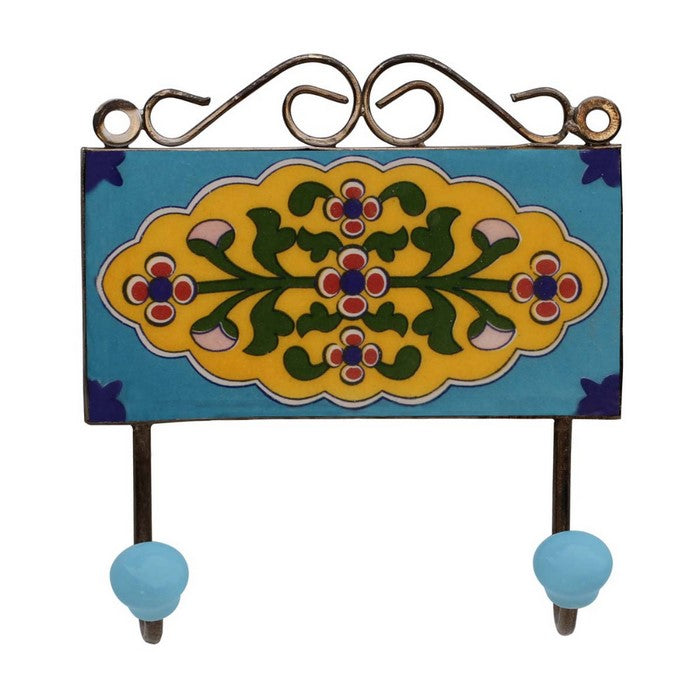 Handmade Double Wall-Hook In Ceramic With Flowers on Blue Base By Benzara