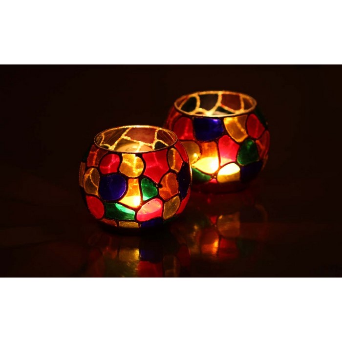 Mosaic Patterned Glass Tea-Light Holders Set of 2 Benzara Brand