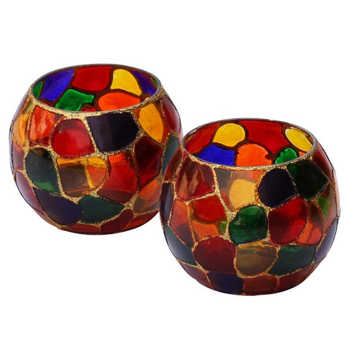 Mosaic Patterned Glass Tea-Light Holders Set of 2 Benzara Brand