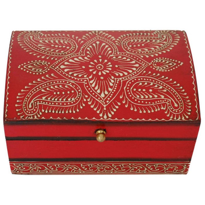 Handmade Vintage Look Rectangular Red Jewelry Box In Wood Benzara Brand