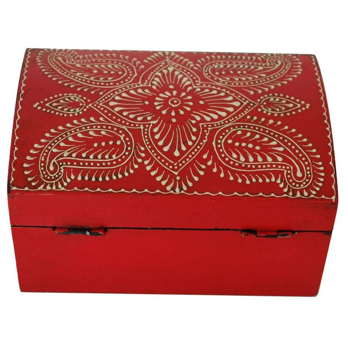 Handmade Vintage Look Rectangular Red Jewelry Box In Wood Benzara Brand