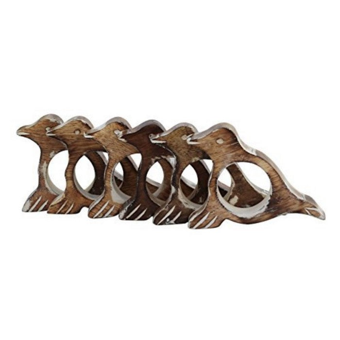 Distressed Look Handmade Bird Shaped Napkin Rings In Wood Set of 6 By Benzara