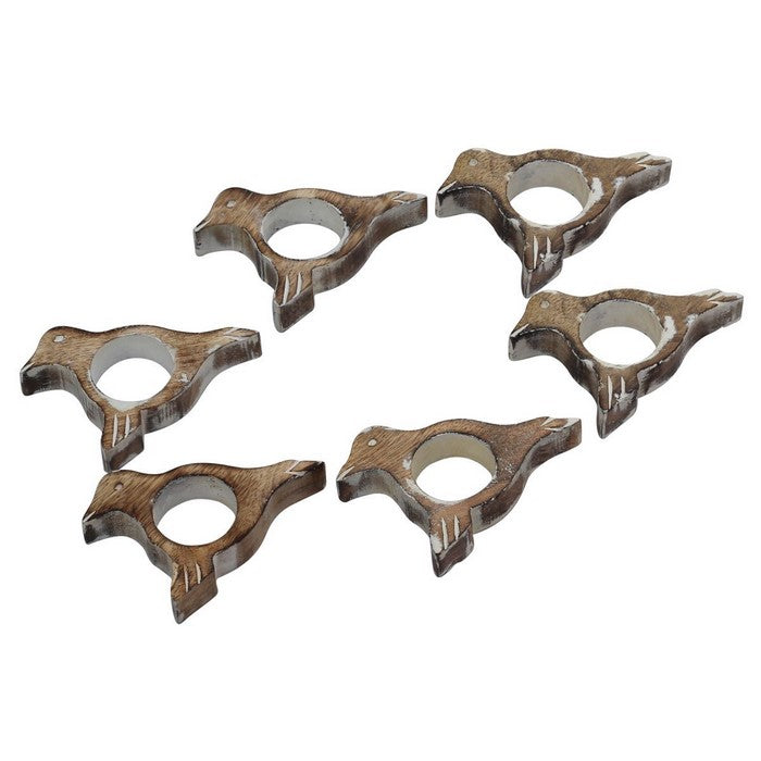 Distressed Look Handmade Bird Shaped Napkin Rings In Wood Set of 6 By Benzara