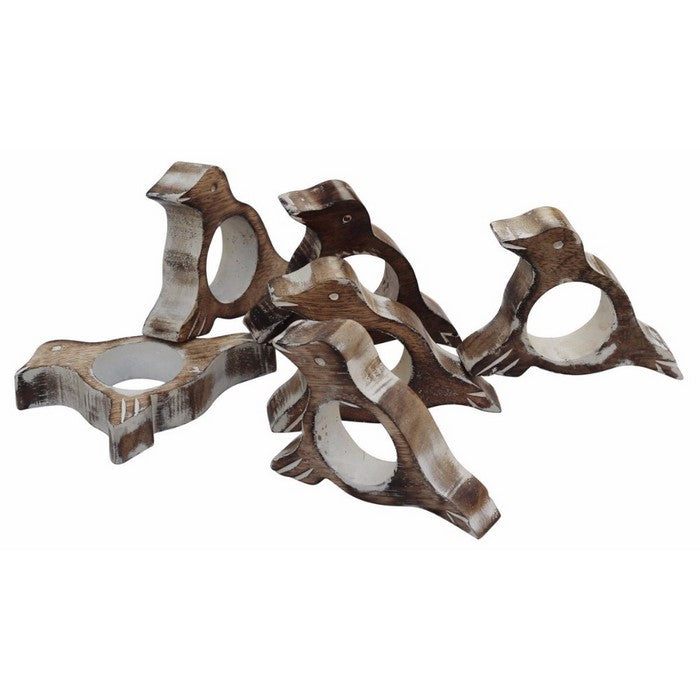 Distressed Look Handmade Bird Shaped Napkin Rings In Wood Set of 6 By Benzara