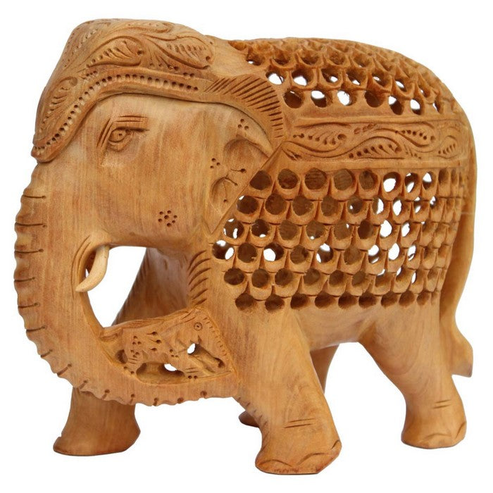 Benzara Hand Carved Wooden Elephant Statue With Cutout Work, Beige