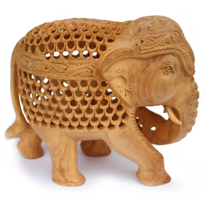 Benzara Hand Carved Wooden Elephant Statue With Cutout Work, Beige