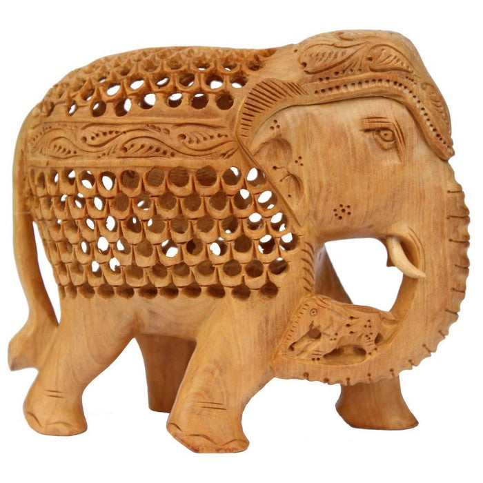 Benzara Hand Carved Wooden Elephant Statue With Cutout Work, Beige